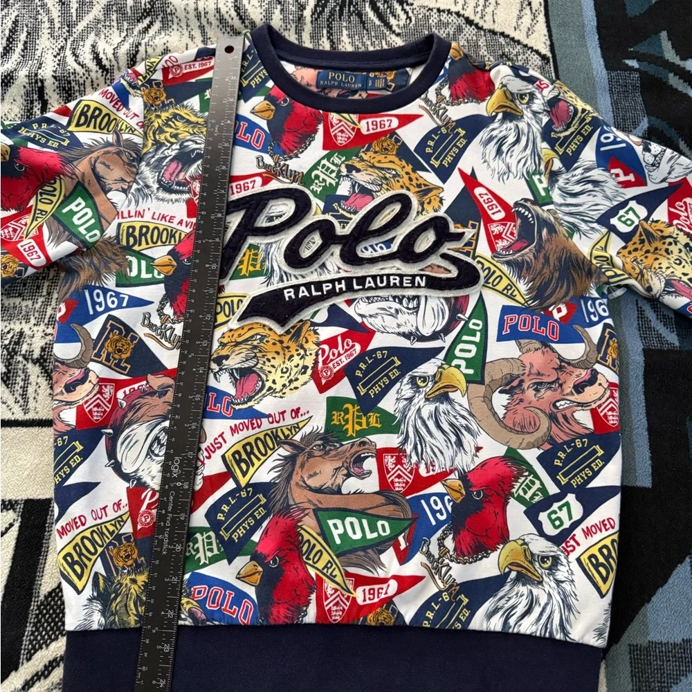 Polo Ralph Lauren University Mascot Graphic Scripted Patchwork Crewneck Sweater